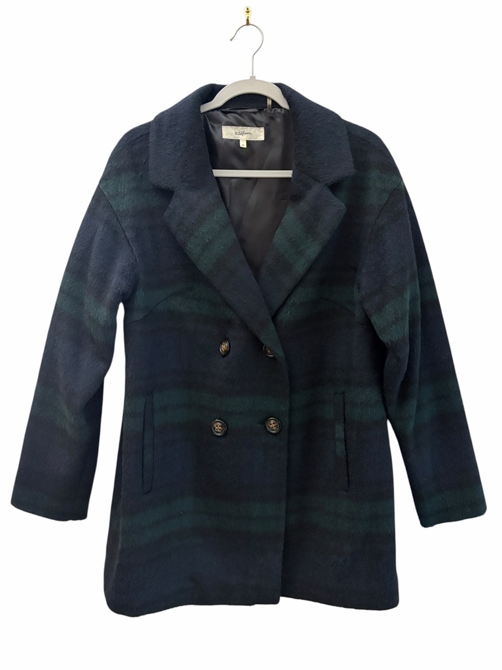 Wildflower 39% Wool-Blend Double-Breasted Navy Green Plaid Jacket Coat Size M